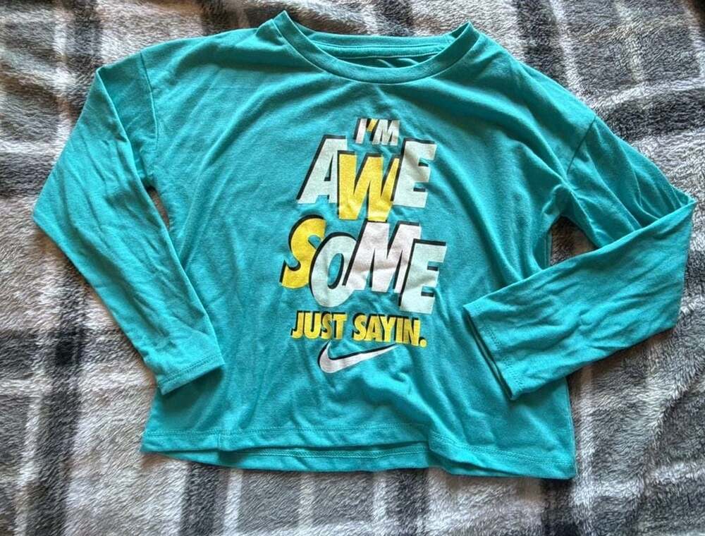 Nike Girls I'm Awesome Just Sayin Long Sleeve Graphic Tee Turquoise Size 5-6